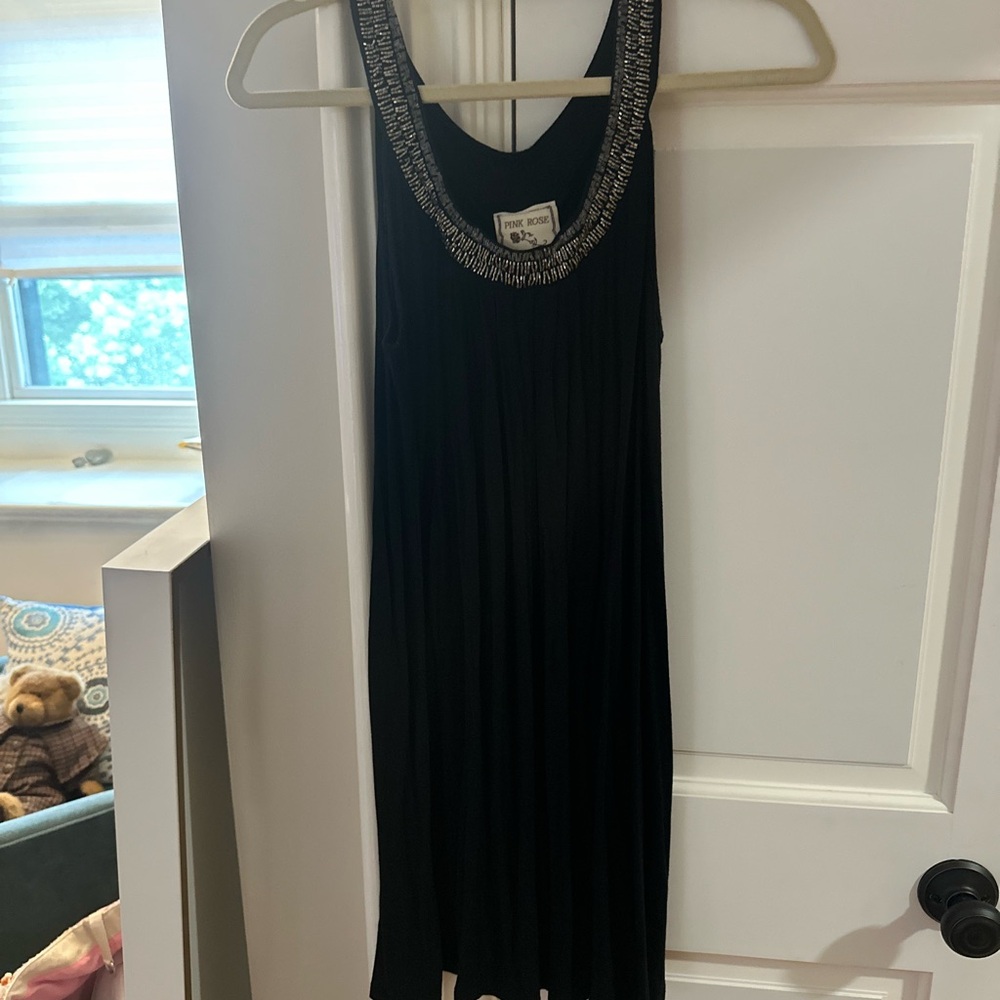 Pink Rose Black Sleeveless Mini Dress